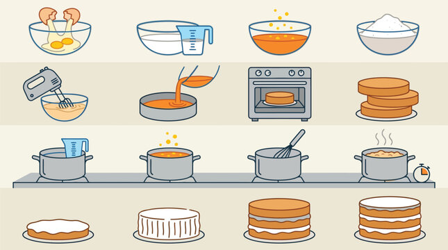 Step-by-step carrot cake preparation process Vector
