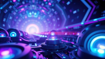 Fototapeta premium Futuristic interior. Neon lights illuminate complex machinery, creating vibrant tunnel perspective. Dark tones dominate scene.
