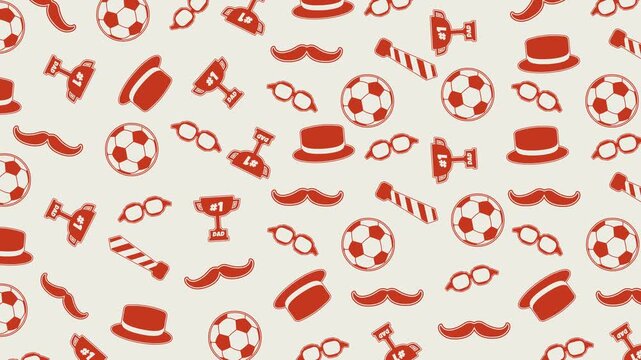 Father's Day Celebration Pattern. Animated 4K seamless loop featuring playful dad-themed icons with soccer balls, hats, mustaches, trophies, glasses, and ties in a festive repeating design.
