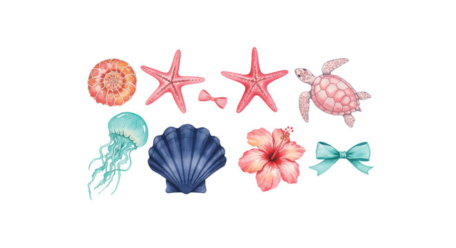 Vector Illustration Pastel Marine Clipart Set Featuring Turtle, Jellyfish and Seashells