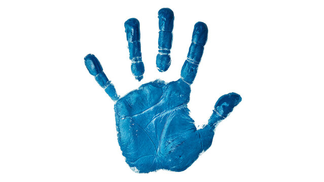 A vibrant blue paint child handprint silhouette showing clear palm skin and finger textures isolated on transparent background