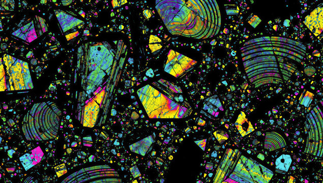 Colorful Polarized Light Microscopy of Rock Thin Section Showing Multicolor Mineral Crystals and Grains on Black Background, Geological Petrography Science Art Photography