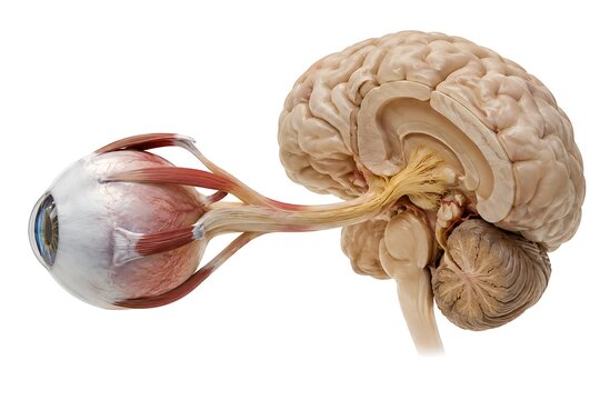 Human Eye Anatomy Connected to Brain with Optic Nerve 3D Illustration on White Background