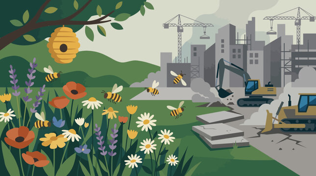 Urban development conflict visualization portrays the clash between encroaching construction sites and fragile natural pollinator habitats where bees struggle to survive near machinery.