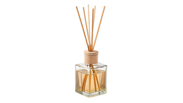 A modern wooden aroma reed diffuser glass bottle providing fragrance scent for home relaxation isolated on transparent background