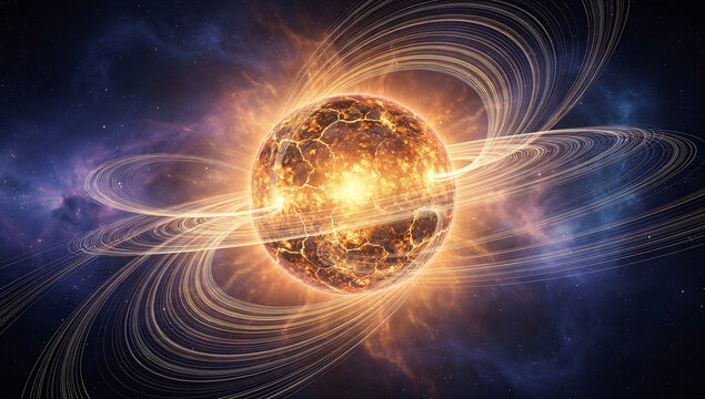 Magnetar neutron star with twisted purple magnetic field lines, gamma ray bursts in deep space