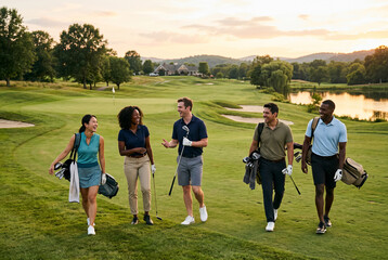 Group of happy diverse friends walking together on a green golf course, smiling and talking during a game