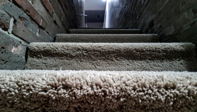 Close-up view of worn carpeted stairs leading upwards in a dimly lit space.