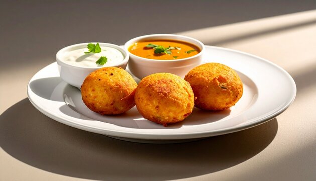 Traditional South Indian Medu Vada Served on a White Plate with Sambar and Chutney