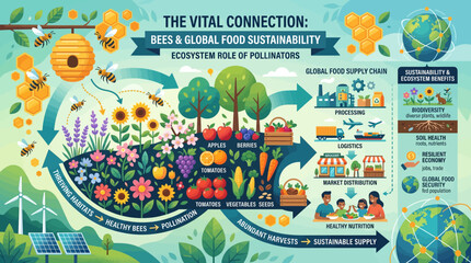 Naklejka premium Pollinators and global food systems are visualized in this complex flow chart demonstrating the vital connection between healthy ecosystems and sustainable human nutrition.