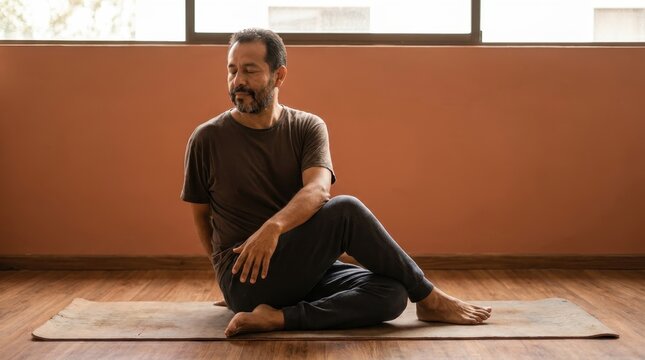 Latino Man Performing Somatic Spinal Twist on Floor in Soft Natural