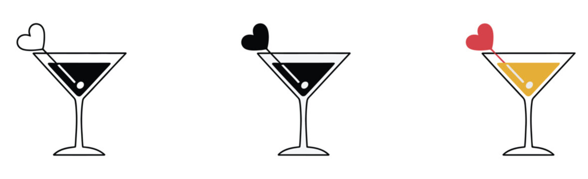 Martini cocktail icon for bar drink illustration, alcoholic beverage symbol, party cocktail with olive stick, aperitif and nightlife concept vector design.