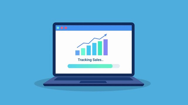 Animated flat illustration of a laptop displaying sales tracking charts and business analytics dashboard interface, representing data monitoring and digital performance.