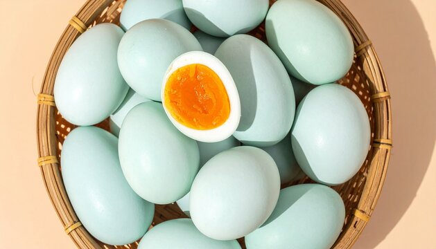 Salted Duck Eggs in a Bamboo Basket with One Halved to Reveal a Rich Orange Yolk