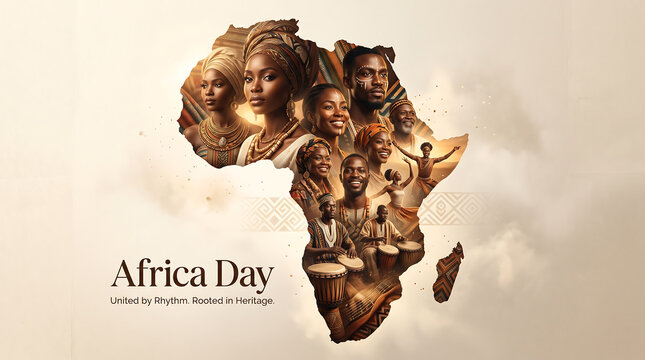 Africa day celebration with diverse people faces and traditional attire on sepia toned map background