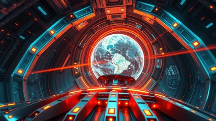 Fototapeta premium Futuristic tunnel view. Earth visible through central opening. Red, blue lights illuminate metallic interior. Dramatic perspective, intense colors.