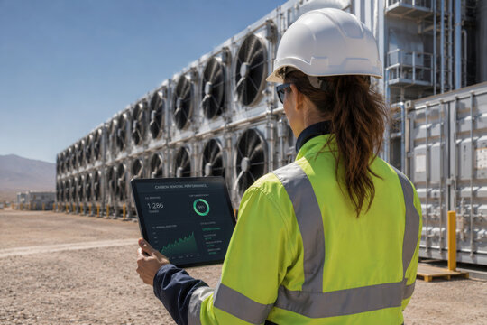 New female engineer using tablet for monitoring carbon removal performance in direct air capture facility, showcasing innovation and technology