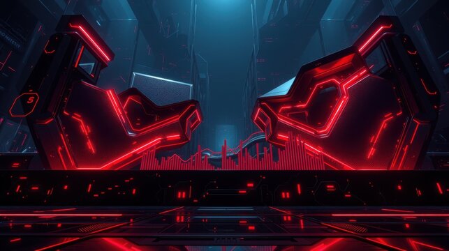 Futuristic interior. Red neon lights illuminate dark metallic structures. Digital equalizer displays vibrant spectrum. Minimalist design creates immersive atmosphere.
