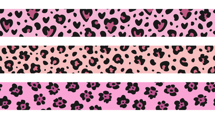Pink glamour animalistic print border set. Horizontal seamless patterns with jaguar and leopard spots with heart shapes. Trendy feminine animal print for fashion and decoration. © Ирина Яшкирева