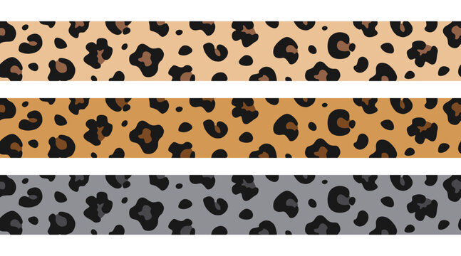 Seamless animalistic borders set with leopard spots in various color variations. Trendy vector horizontal patterns for decoration.