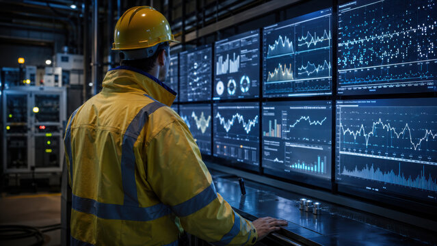 New engineer monitoring control room data screens, analyzing carbon capture technology in industrial setting