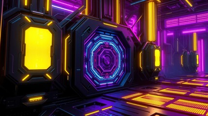 Fototapeta premium Futuristic corridor. Neon lights illuminate dark metallic walls, creating vibrant, geometric patterns. Perspective emphasizes depth, technology.