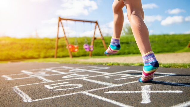A child's legs are seen playing hopscotch on a sunny day in a park with a swing set in the background, conveying a sense of fun and carefree childhood