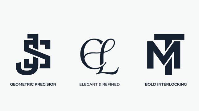 Collection of three distinct monogram logos showcasing various design styles.