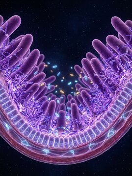 Microscopic view of the intestinal villi, showcasing the complex ecosystem of gut bacteria and their interaction with the intestinal lining.