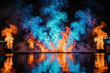 Fototapeta premium Colorful flames dance at night near water in a festive display for entertainment