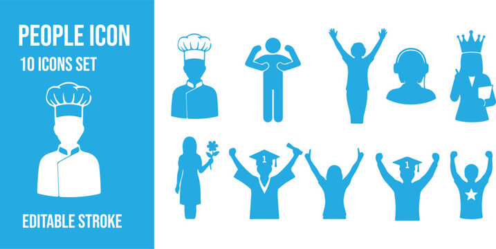 People icon set featuring ten unique silhouettes in various professions and celebratory poses for creative projects
