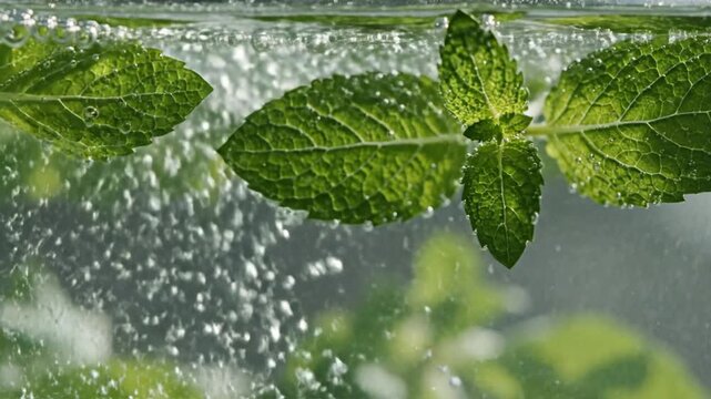 Fresh green mint leaves in sparkling water with bubbles