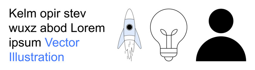 Innovation, creativity, ideas, technology, space exploration, personal identity. Minimalist design with a rocket, light bulb user symbol and placeholder text. Innovation and creativity concept © robu_s
