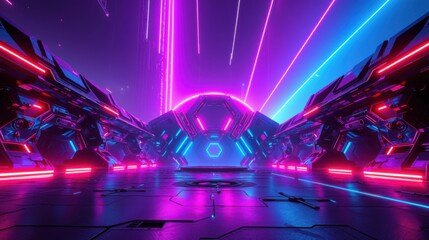 Fototapeta premium Futuristic corridor glows with vibrant neon lights. Dark metallic surfaces reflect intense purple, blue hues. Symmetry dominates design.