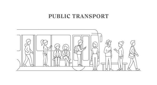Top view line illustration of CAD public transport set, standing in bus, sitting, holding pole, checking phone in overhead perspective, clean minimal outline style for urban and architectural drawing