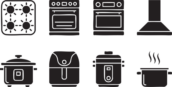 Set of black kitchen appliance icons featuring various cooking tools including stoves ovens range hoods air fryers pressure cookers and pots for modern home culinary design