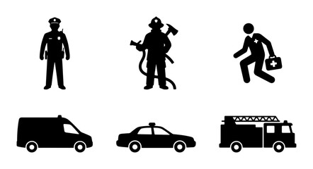 Emergency Services Icons: Police Officer, Firefighter, Paramedic, Ambulance, Police Car, Fire Truck Vector Set © Tareq