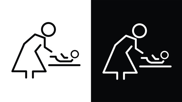 A minimalist vector icon illustrating a baby changing station. nursery room icon, symbol or sign in black and white color