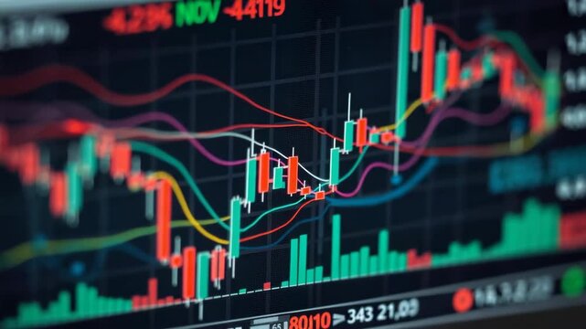 Close-up of a digital stock trading chart, featuring colorful candlestick patterns, moving averages, and volume bars. Represents financial analysis, investment, trading, and market trends.