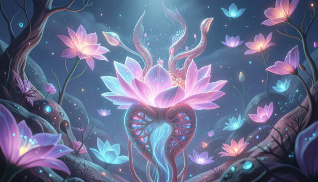 Glowing fantasy lotus-heart flower in an enchanted bioluminescent garden.