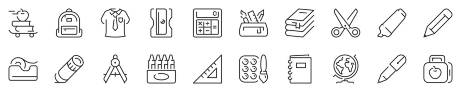 Back to school concepts, thin line icon set. Symbol collection in transparent background. Editable vector stroke. 512x512 Pixel Perfect.