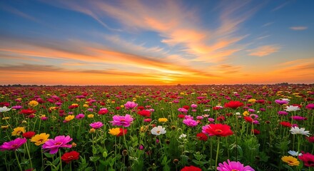Fototapeta premium Vibrant field of flowers at sunset with colorful sky