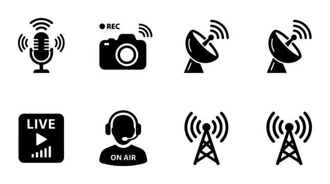 Broadcast Icons Set: Microphone, Camera, Satellite Dish, Live Stream, Radio Tower, On Air Operator, Signal Transmission Vector Graphics