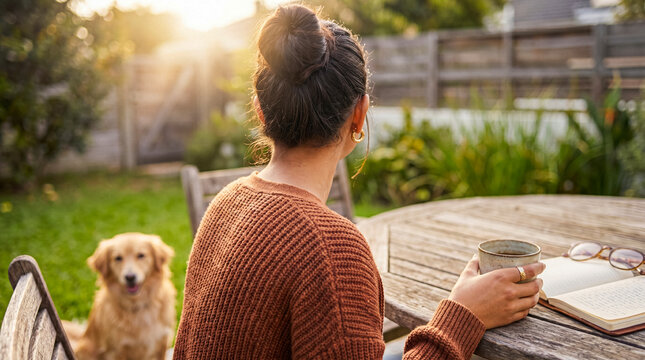 Woman enjoying a peaceful morning coffee outdoors in her sunny backyard with her golden retriever dog nearby.