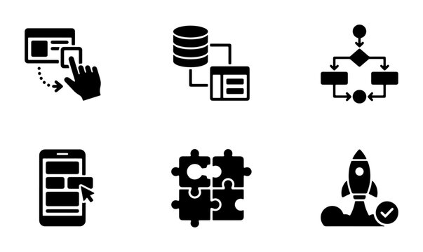 6 Business Process Icons: Workflow, Database, UI Design, Mobile App, Puzzle, Rocket Launch - Vector Set