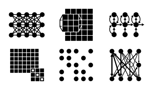 Machine Learning Neural Network Icons, Deep Learning Algorithms, Data Science Concepts, AI Network Structures, Artificial Intelligence Visuals