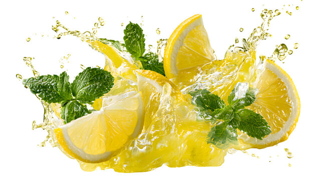 A fresh slice of lemon and lime splashes into a cold glass of water with ice, isolated on transparent background