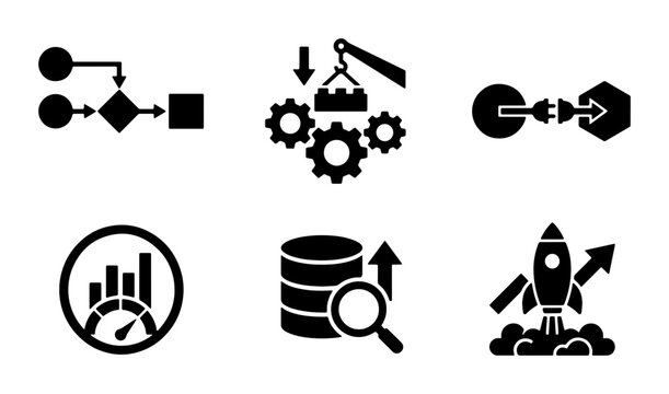 Business Process Icons, Workflow Diagrams, Data Analytics, Performance Metrics, Startup Rocket, Technology Solutions
