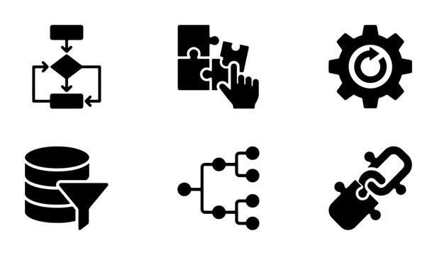 Process Flowchart Icons, Puzzle Pieces, Gear Mechanism, Database Filter, Tree Diagram, Link Chain Vector Set