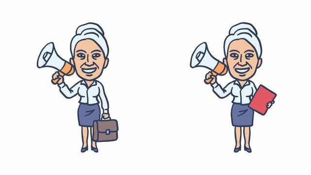 Old business woman holding megaphone briefcase and folder. Transparent background